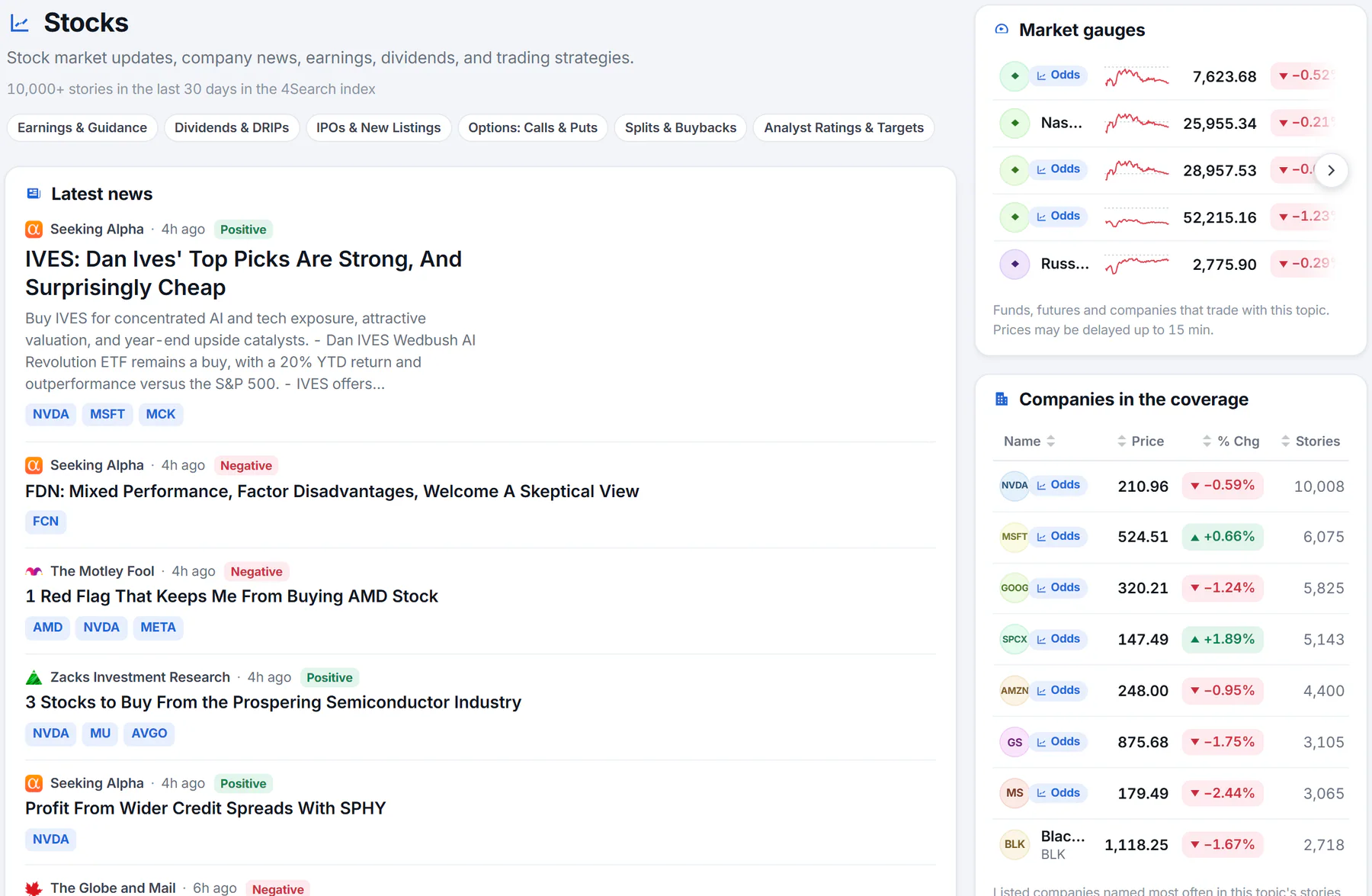A Finance topic page for Stocks: the topic title and description, the number of stories in the last 30 days, chips for subtopics, the latest news, and on the right market gauges, companies in the coverage and related topics